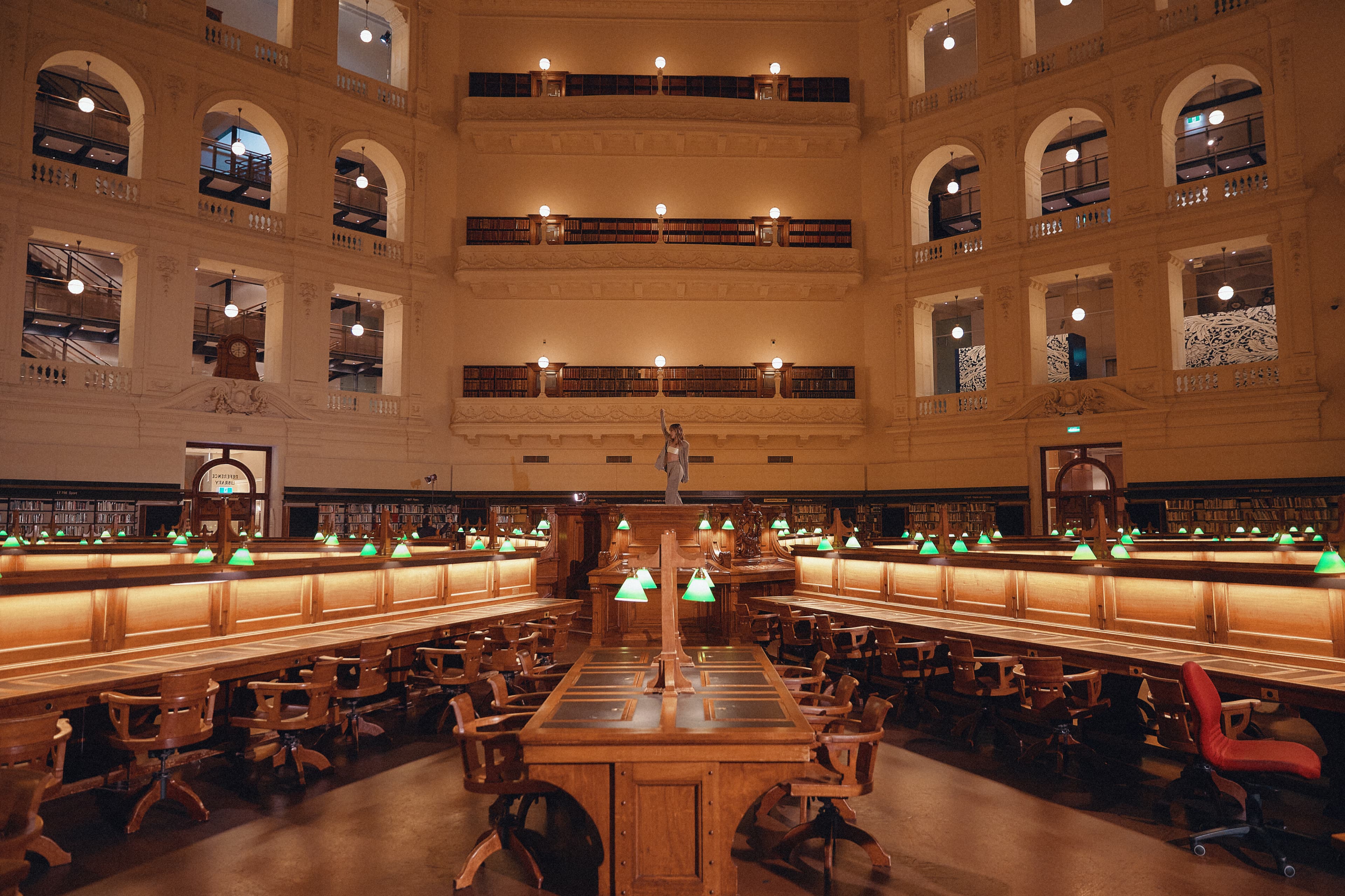 Wide interior view of the State Library of Victoria reading room during Gretta Ray’s live performance for Amazon Music.