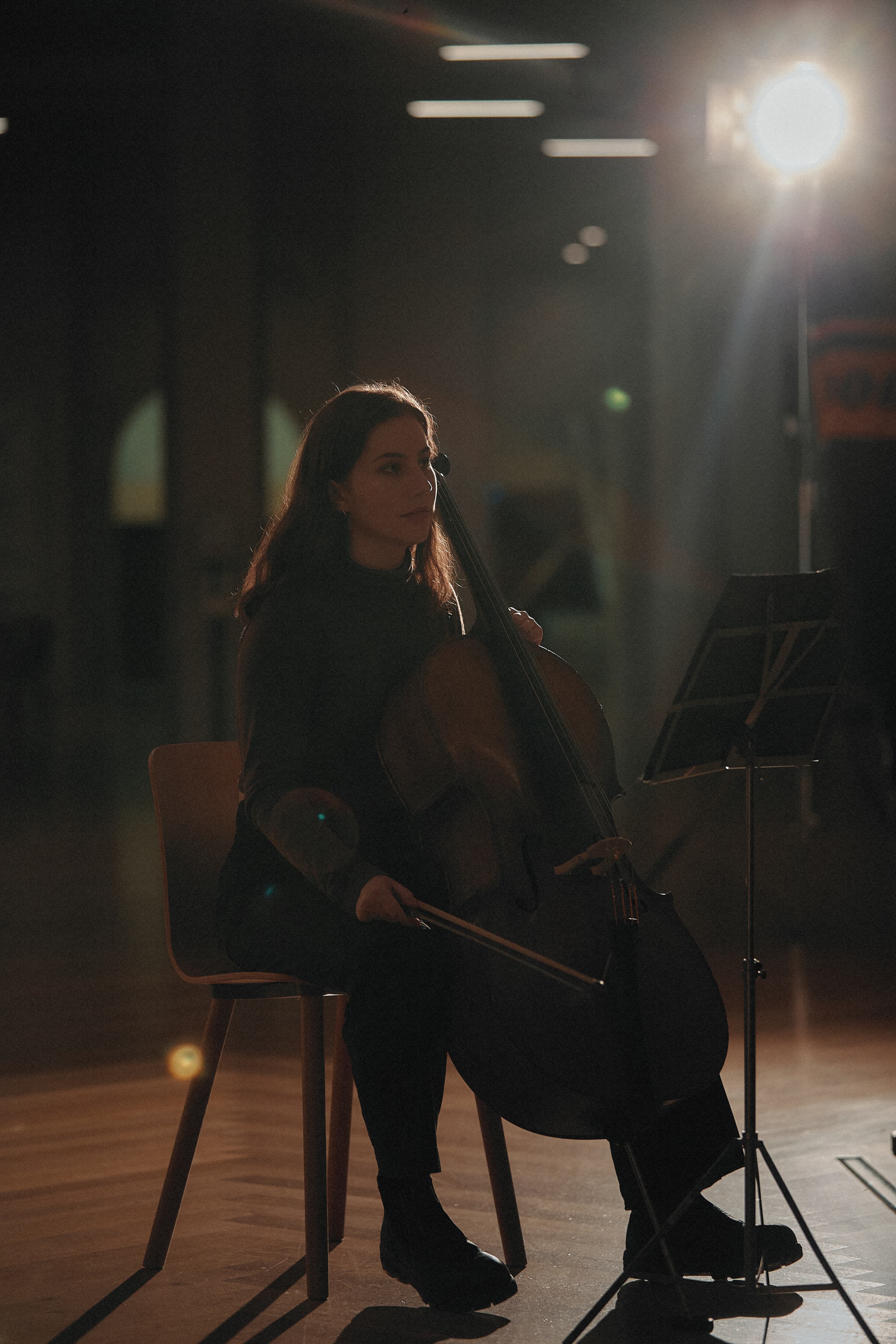 Viola player from the live performance ensemble during an Amazon Music session at the State Library of Victoria.