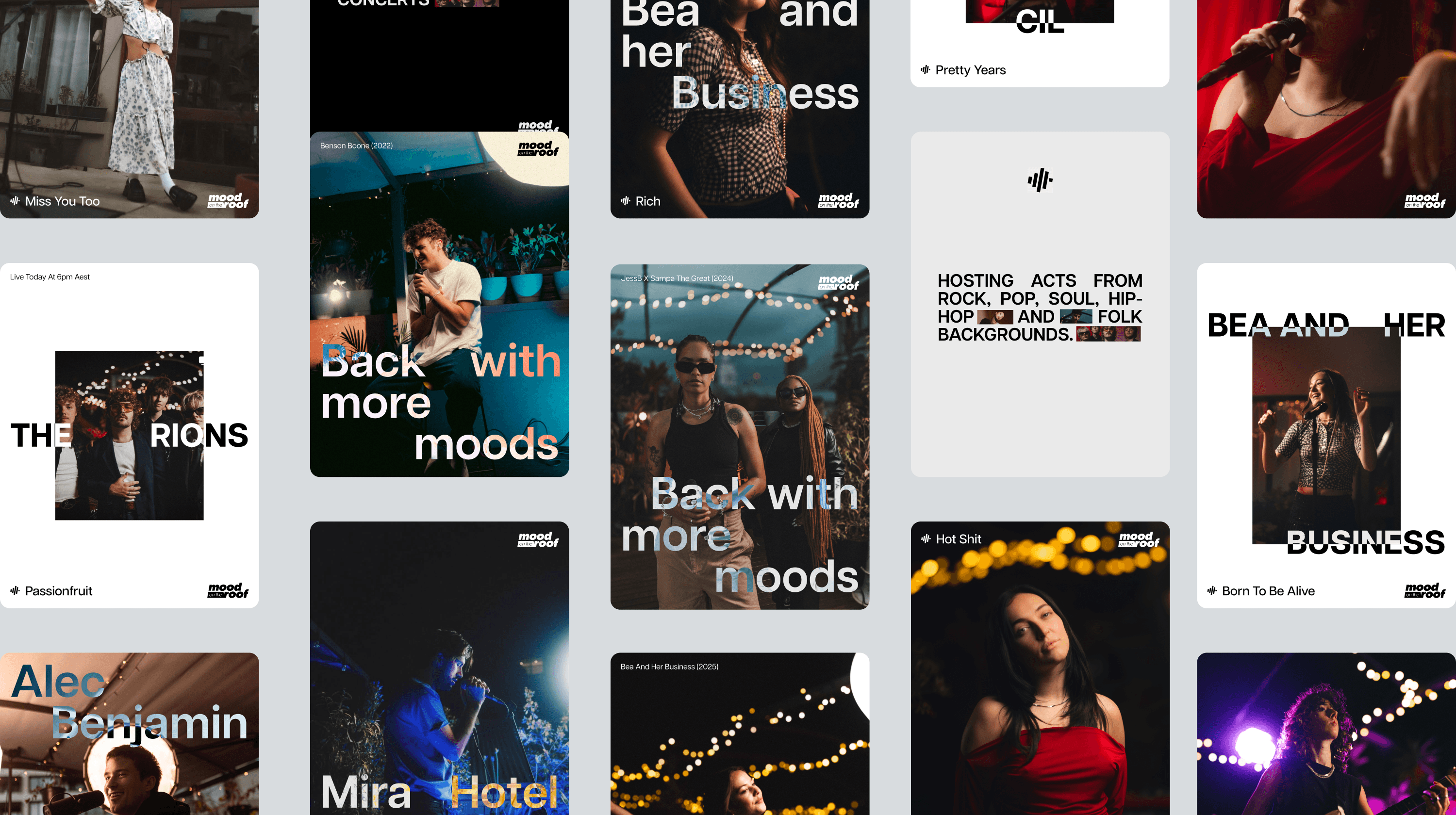 Mood on the Roof brand refresh social media grid — new post templates showing the refreshed visual identity.