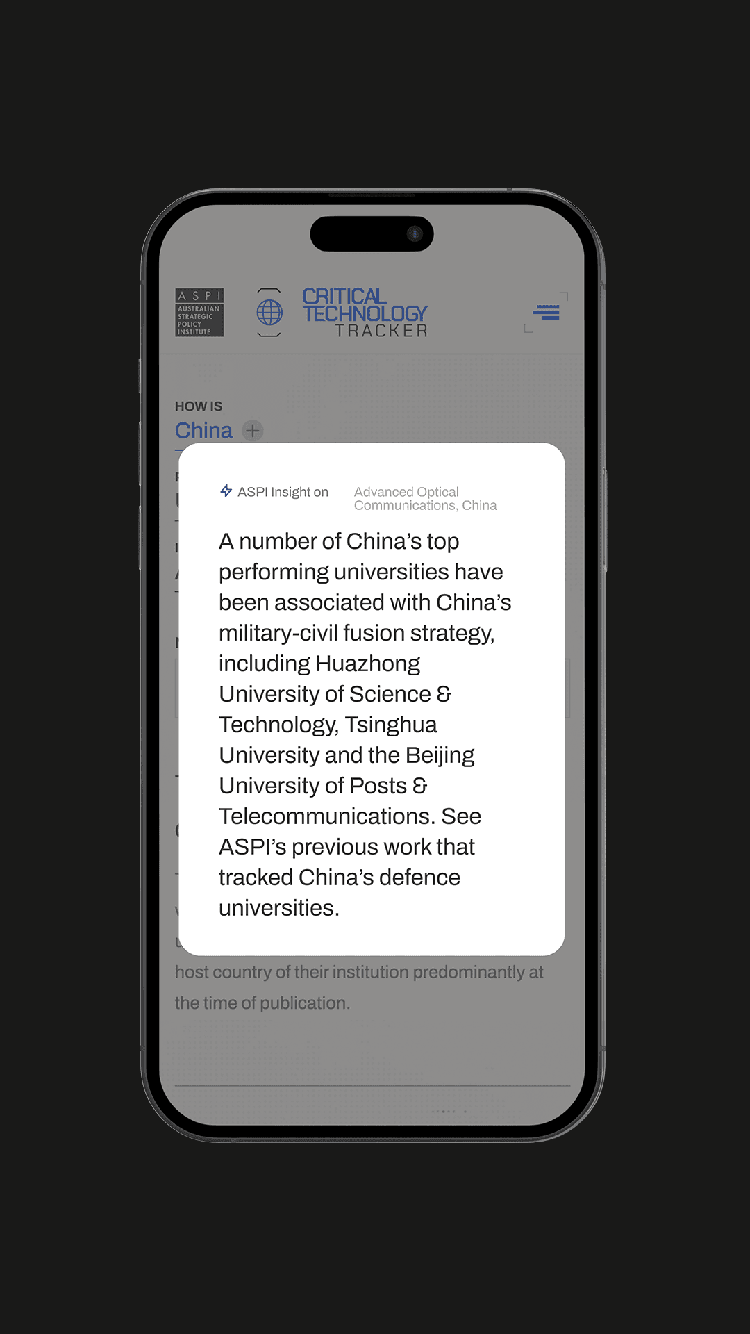 ASPI Critical Technology Tracker text showing China university military-civil fusion analysis — policy research content by Mude