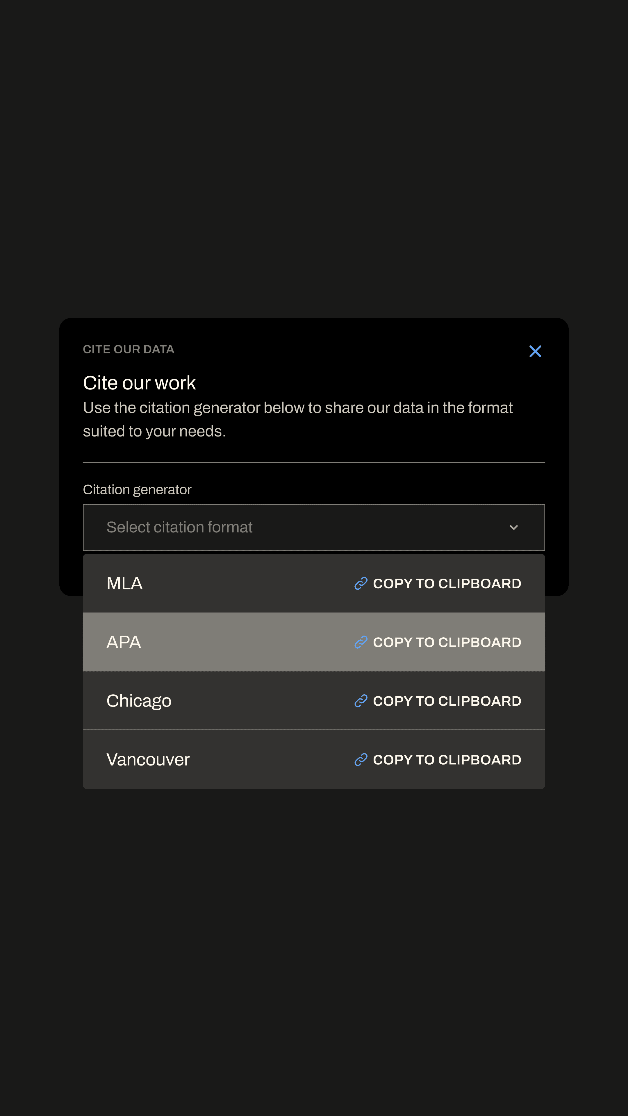ASPI Critical Technology Tracker citation generator and reference export feature — policy research platform UX by Mude creative agency