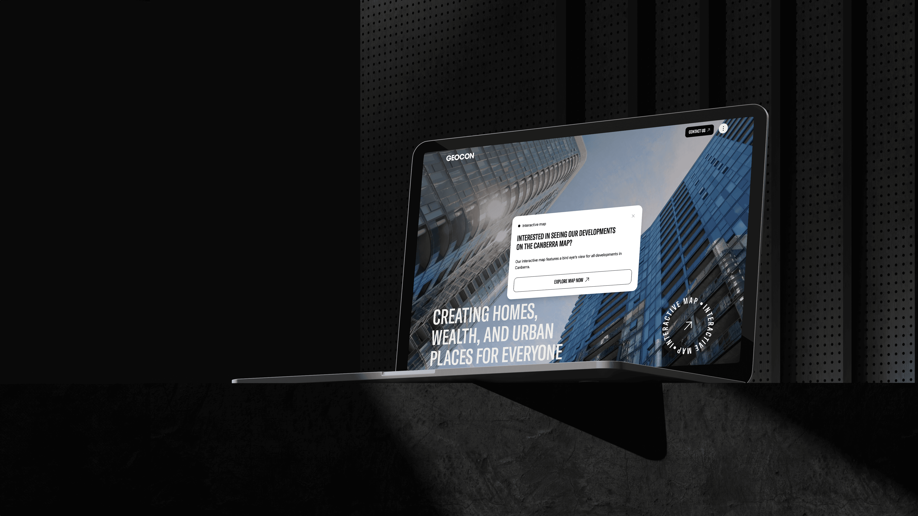 Hero visual for the GEOCON property developer website case study, showing the desktop interface of the interactive digital platform designed by Mude.