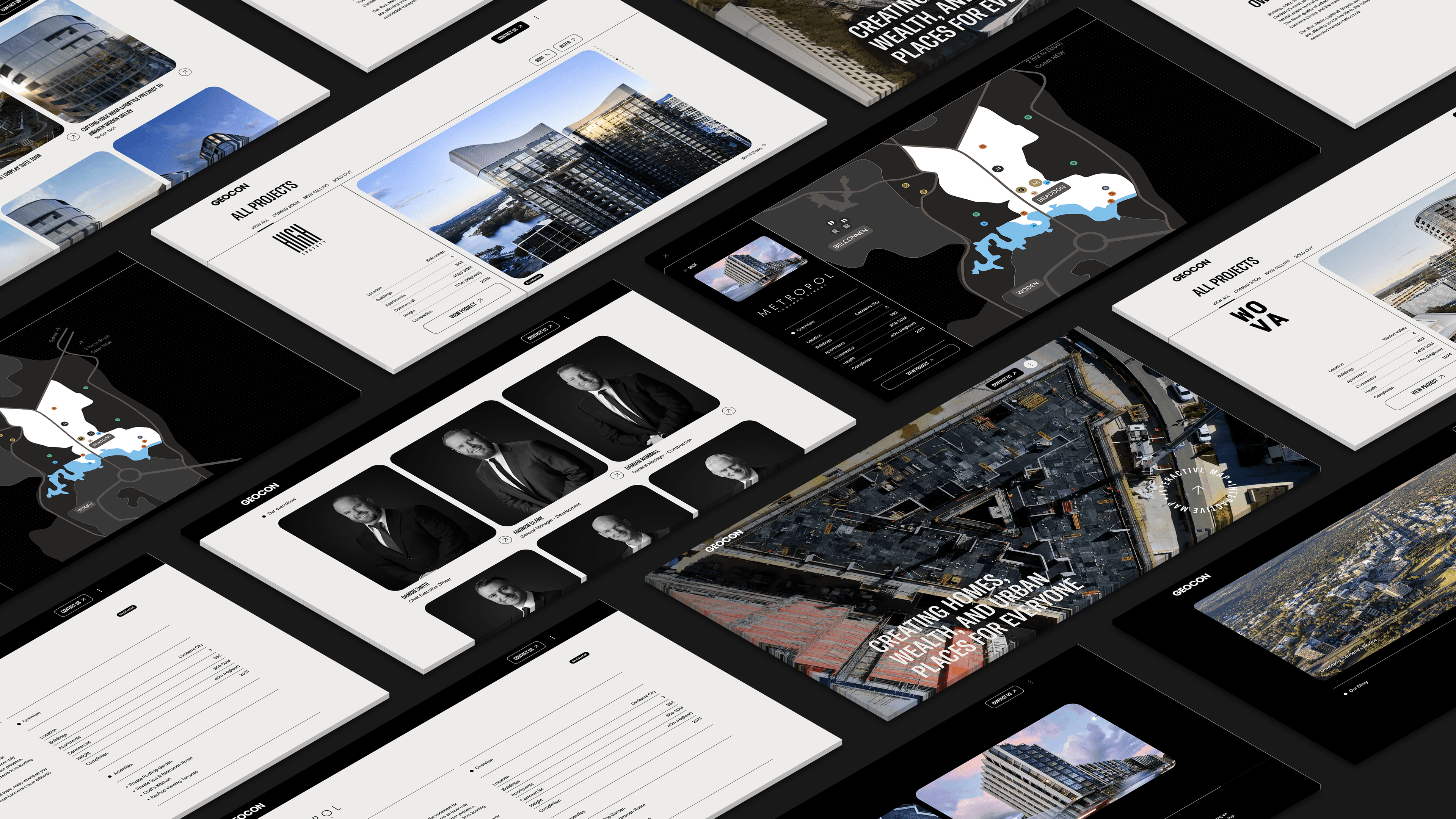 Overview of GEOCON’s website design system showcasing property listings, interactive maps and project pages.