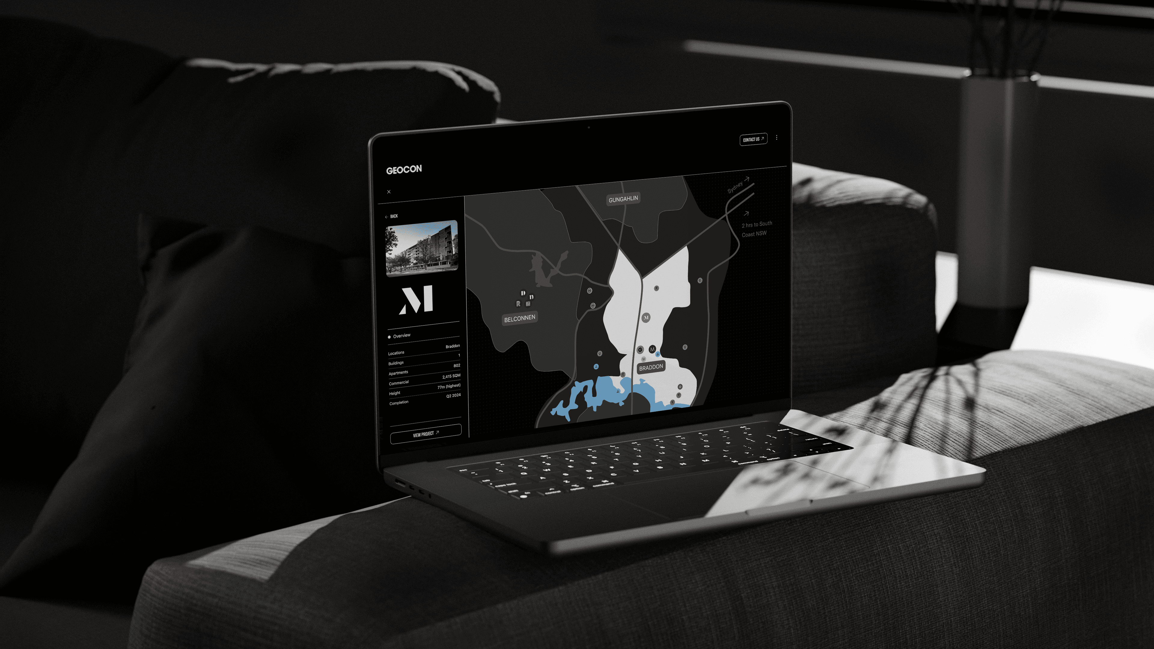 Property developer website design for GEOCON, showcasing an interactive map and digital platform developed by Mude.