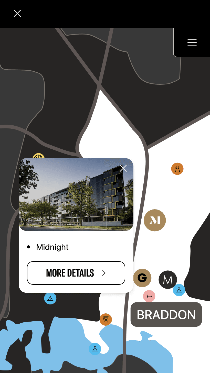 Interactive map view featuring Midnight, a GEOCON residential project located in Braddon.