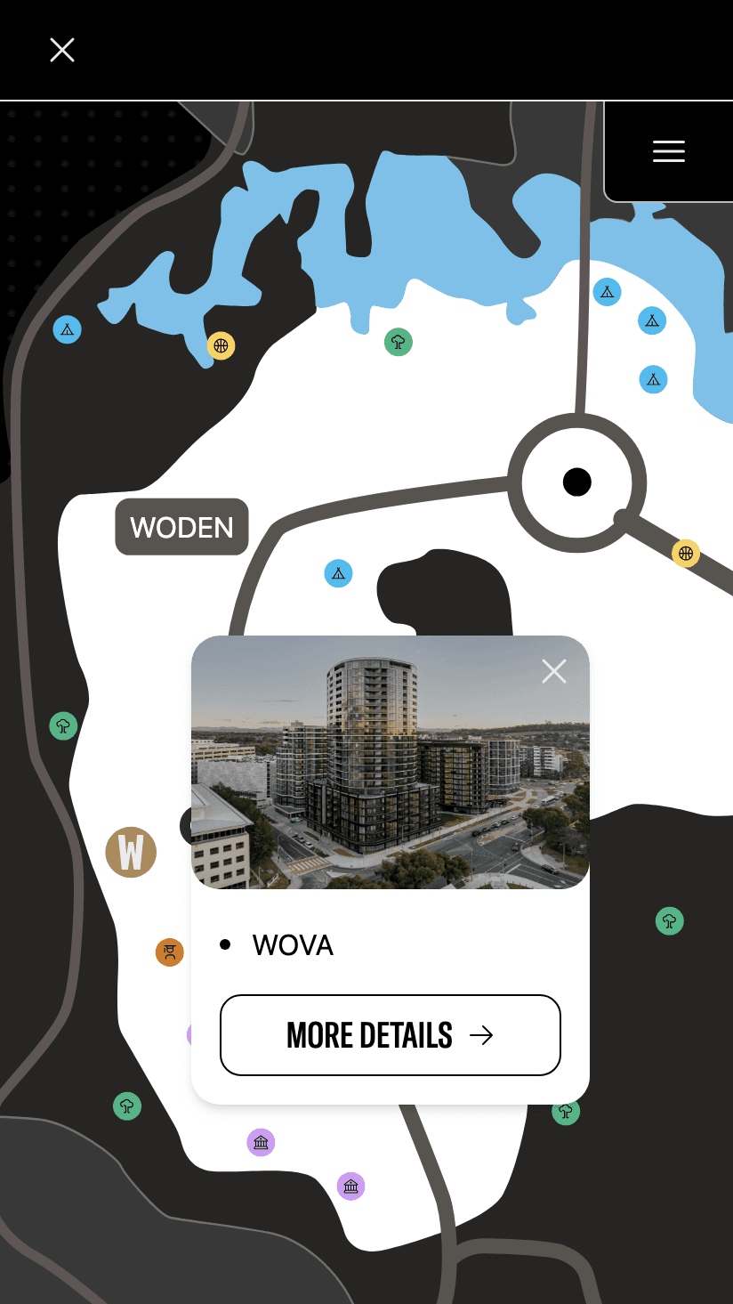 Interactive map interface highlighting WOVA, a GEOCON residential development in Woden Valley.
