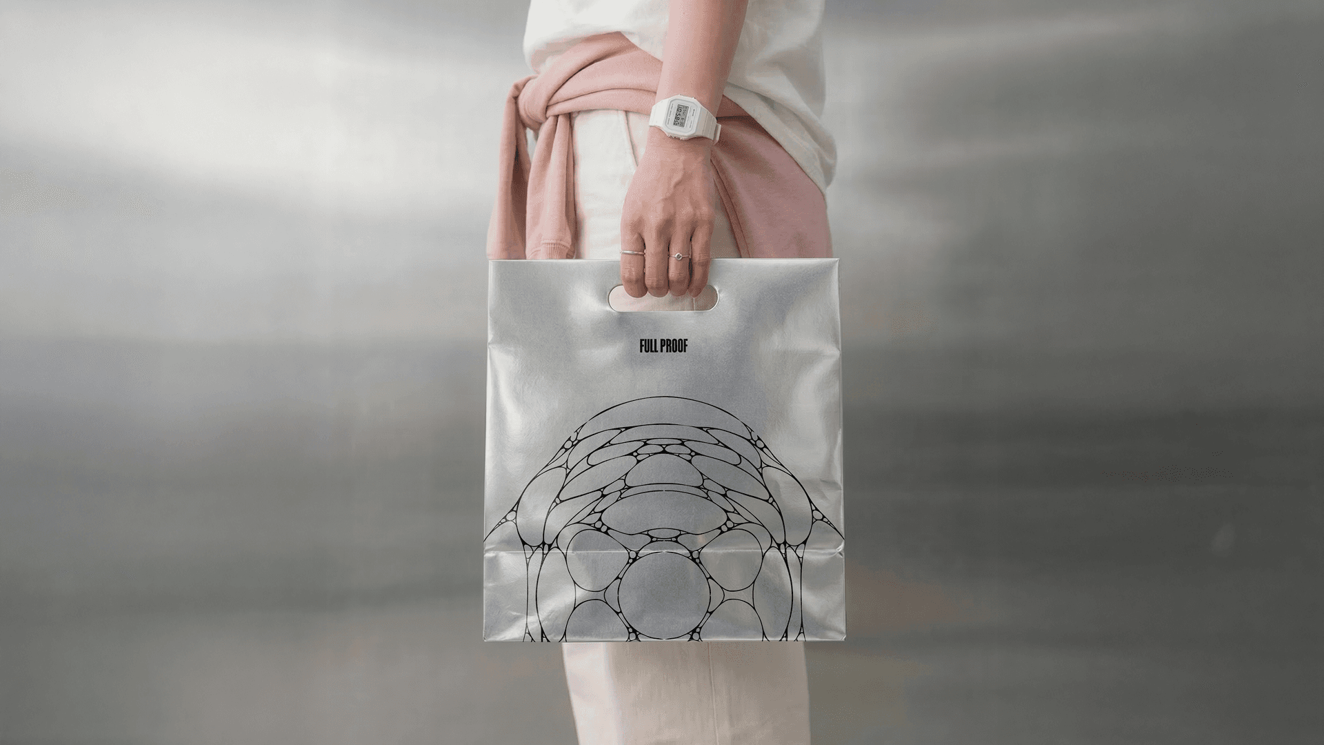 Full Proof takeaway bag brand application showing packaging design — food and beverage branding by Mude Sydney