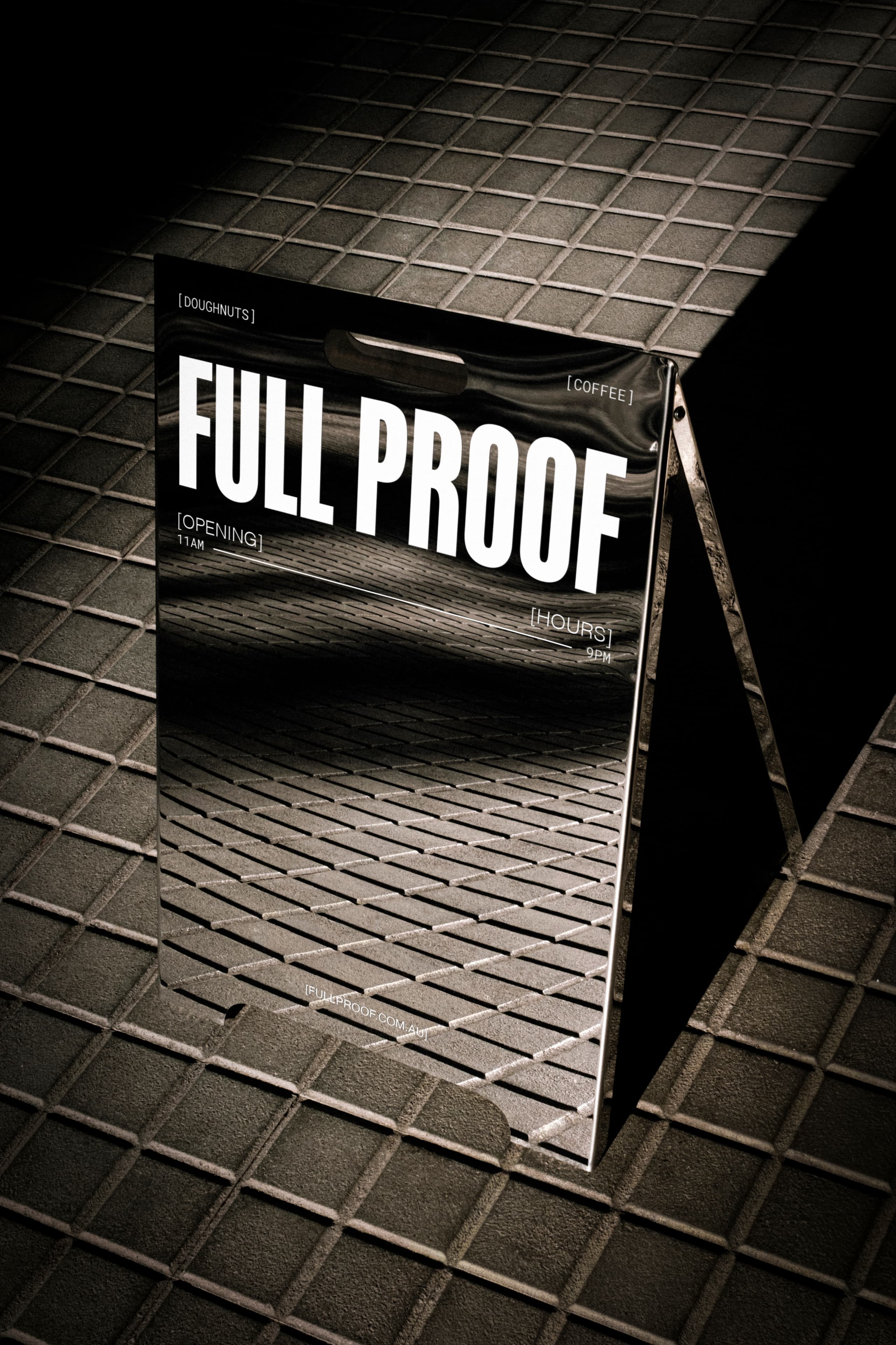 Full Proof A-frame pavement sign mockup — hospitality storefront branding and signage by Mude creative agency